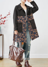 Estilo Gabardina vaquera negra oversize con bolsillos estampados de patchwork Otoño