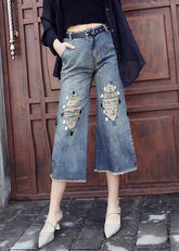 Style Blue High Waist Pockets Side Open Sequins Cotton Denim Crop Pants