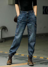 Style Blue Original Design Pockets Patchwork Cotton Denim Beam Pants