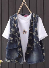 Abrigos vaqueros con bolsillos y estampado de cuello en V azul estilo otoño