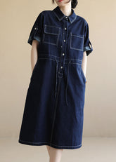 Estilo Azul Marino Cuello Peter Pan Bolsillos Cordón Algodón Denim Vestidos Manga Corta