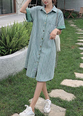 Camisa vaquera con cuello Peter Pan a rayas y patchwork para otoño