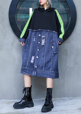 Estilo negro patchwork denim azul traje con capucha agujero vestido recto