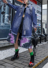 Estilo patchwork azul denim Túnicas finas para Telas chaquetas de otoño rasgadas