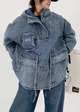 Stilvolles blaues Kapuzentaschen-Kordelzug-Patchwork-Jeanstop