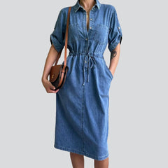 Thin denim dress with drawstrings