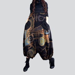 Trendy print black denim dungaree