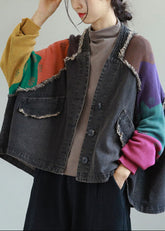Einzigartiger blauer Denim Patchwork Stricktaschen Knopf Herbstmantel Langarm