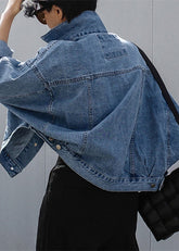 Abrigos únicos de mezclilla azul con cuello Peter Pan, bolsillos con botones y patchwork, manga larga