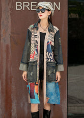 Abrigo de manga larga con cuello Peter Pan, bolsillos laterales abiertos y tejido patchwork de mezclilla único