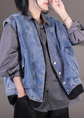 Einzigartige Hellblaue V-Ausschnitt Patchwork Taschen Fake Zweiteilige Jeansweste Ärmellos