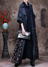 Unique Marineblauer Peter Pan Kragen Patchwork Print Baumwoll Denim Trenchcoat Langarm