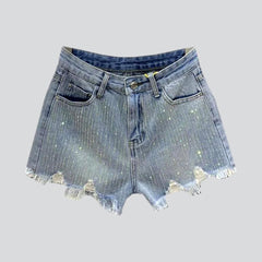 Vertical rhinestone stripes denim shorts