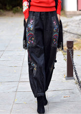 Vintage Schwarz Grau Elastische Taille Bestickte Taschen Baumwolle Denim Haremshose