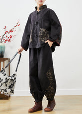 Vintage Schwarz Stehkragen Patchwork Print Denim 2 Stück Outfit Herbst