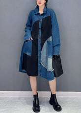 Vintage Blue Asymmetrical Button Pockets Denim Blouses Fall