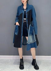 Vintage Blue Asymmetrical Button Pockets Denim Blouses Fall