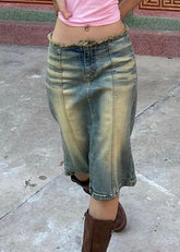 Falda vaquera de retazos de cintura alta con cremallera y degradado de color azul vintage para otoño