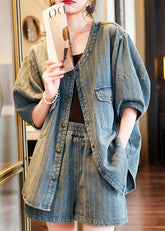 Vintage Blue O-Neck Patchwork Denim Shirt And Shorts Two Pieces Set