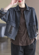 Vintage Blau Peter Pan Kragen Patchwork Taschen Denim Mäntel Langarm