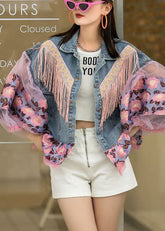 Vintage Blaue Laternenärmel Patchwork Button Herbst Jeansjacken