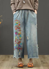 Vintage Denim Blue Elastic Waist Embroideried Cotton Wide Leg Pants