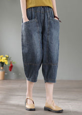 Vintage Denim Blue High Waist Pockets Cotton Crop Pants
