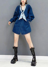 Vintage Denim Blue V Neck Pockets Button Fall Shirts Long Sleeve