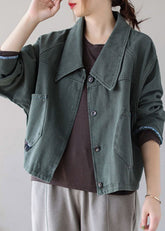 Vintage Grüner Knopf Patchwork Taschen Herbst Jeansmantel