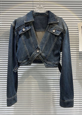 Vintage Marineblauer Peter Pan Kragen Patchwork Knopf Jeansmantel