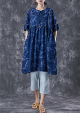 Vintage Marineblaues Batikkleid mit extra großem Saum, Jeans-Urlaubskleid