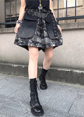 Shorts vaqueros con cintura alta, estampado vintage y patchwork