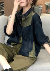 Abrigos vaqueros vintage de cuello alto con bolsillos y patchwork para otoño