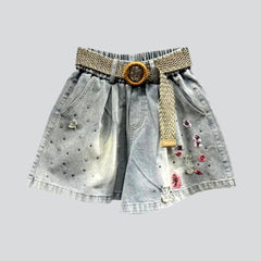 Pantalones cortos vaqueros vintage holgados con diamantes de imitación