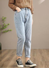 Vivid Casual Pants's Denim Light Blue Work Outfits Elastic Waist High Waist