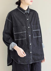 Denim Black Top Silhouette Lapel Pockets Vestidos De Lino Shirts