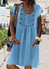 Light Blue O Neck Wrinkled Patchwork Denim Dress