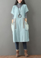Light Blue V Neck Pockets Patchwork Denim Dresses Short Sleeve