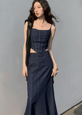 Conjunto de dos piezas de top y falda vaquera de patchwork de corte entallado azul marino