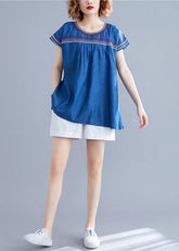 o neck patchwork cotton blouses Work denim blue