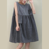 o neck Cinched Cotton dresses Fabrics denim gray Dresses