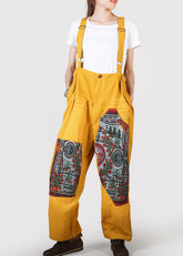 Yellow Pockets Patchwork Print Denim Jumpsuit Pants