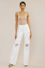 Kancan High-Rise Distressed Flare Jeans in White (Button-Fly)