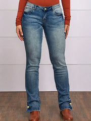 Vintage Bootcut Jeans mit besticktem Patchwork und seitlichem Schlitz