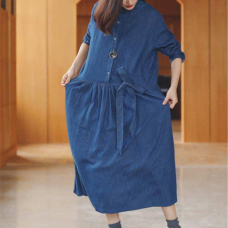 baggy denim blue long cotton linen dresses casual Turn-down Collar tie Rae Jeans baggy denim blue long cotton linen dresses casual Turn-down Collar tie Rae Jeans