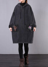 diy denim black embroidery Plus Size casual coats hooded patchwork jackets