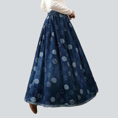 Flare embroidered long jeans skirt