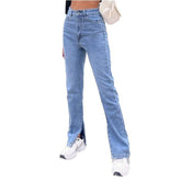 Straight jeans with bottom slit