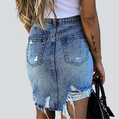 Distressed women asymmetric denim skirt