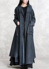 black Winter coat oversized Notched pockets Elegant long sleeve denim patchwork long coats